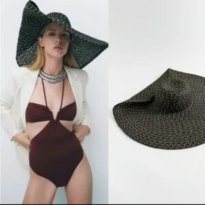 Zara Women's Black Woven Sun Hat Floppy Beach Vacation Resortwear Size M